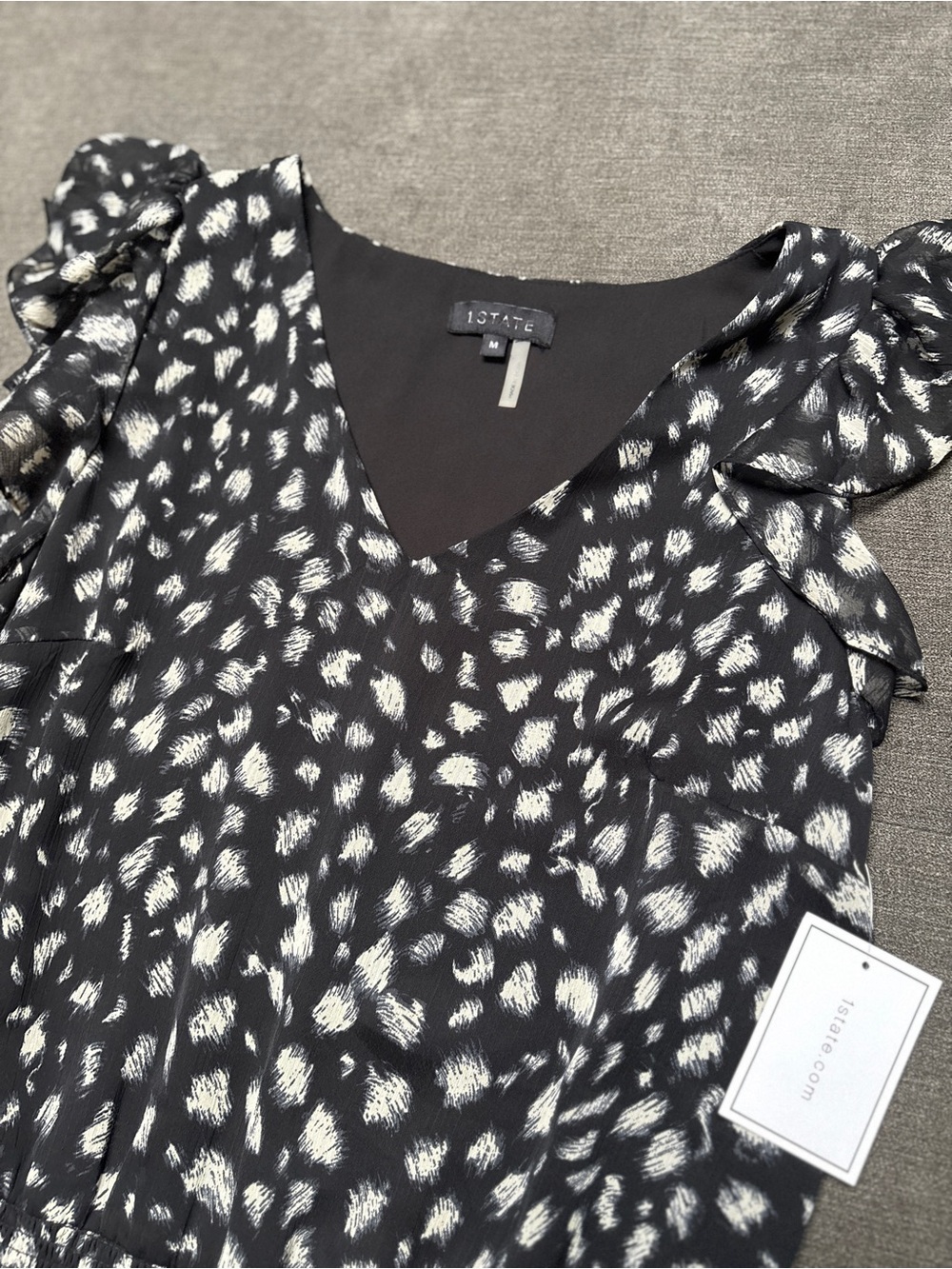 NWT 1.STATE Black White Animal Print Ruffle Sleeve Tiered Dress Size M